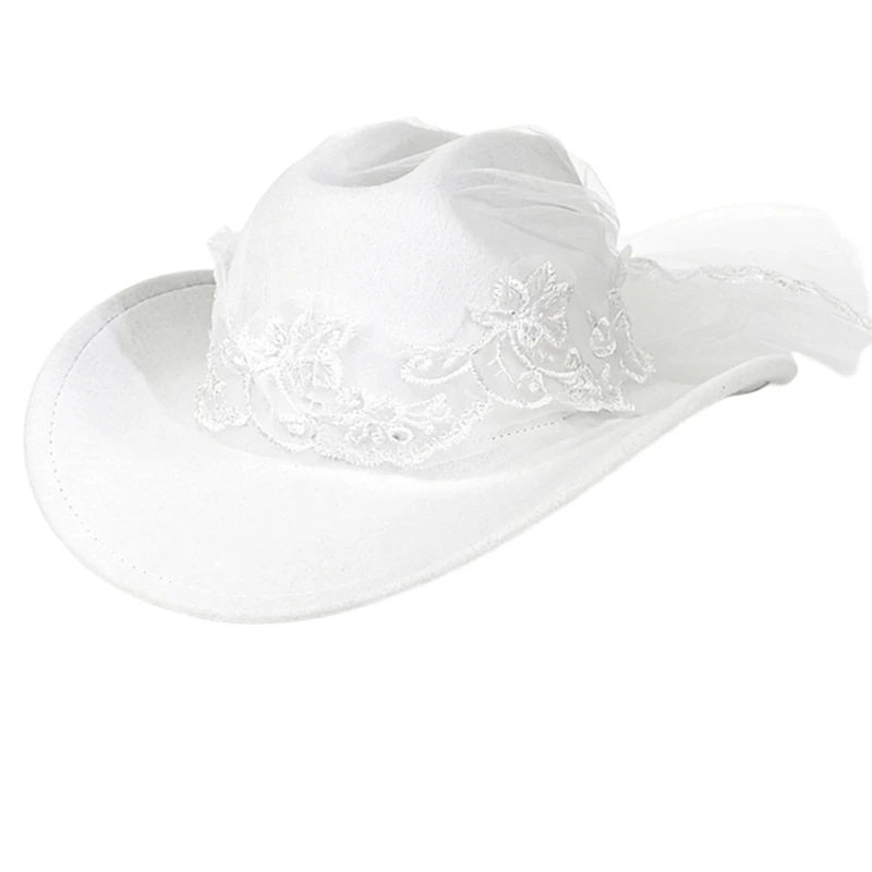 X5XA White Cowboy Cap With Embroidery Flower Veil Perfect for Wedding Unique Cosplay Accessory for Modern Wedding Ceremony