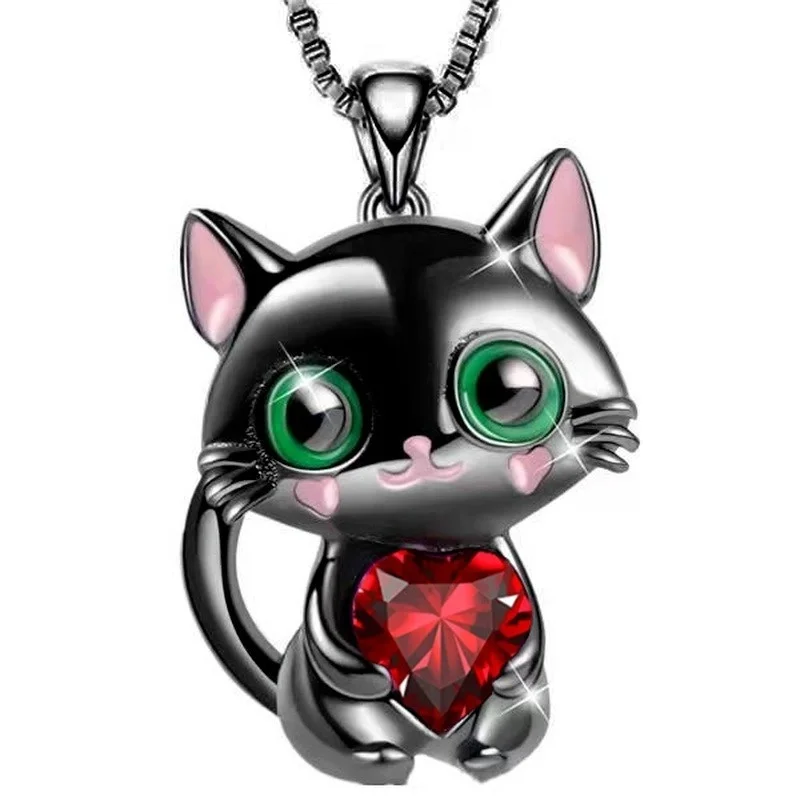 Fashion Creative Black Cat Necklace Heart Crystal Pendant Engagement Necklaces for Women Animal Jewelry Party Anniversary Gift
