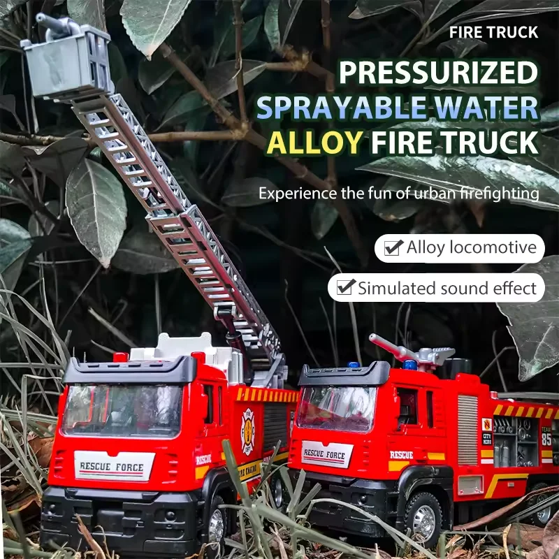 1:50 Fire Truck Diecast Alloy Sprinkler Toy with Light Music Water Simulation Spray Rescue Car Children\'s Toy Birthday Gifts