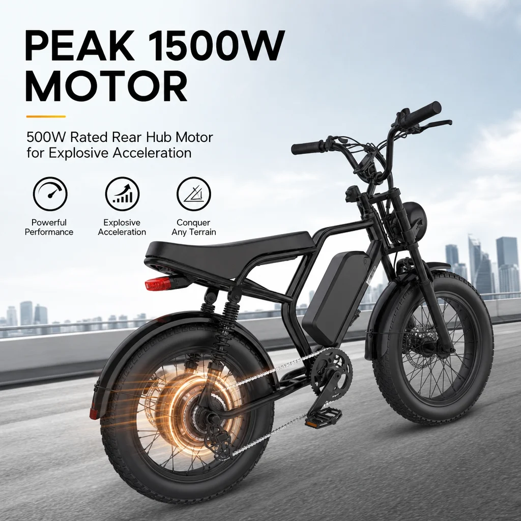 48V 1500W Rear Hub Motor With Battery - レトロなモペットスタイルの電動自転車、最大出力1500W、500Wリアハブモーター、ファットタイヤEバイク、最高速度28MPH、48V 20Ahバッテリー、油圧ディスクブレーキ付きオールテレイン電動自転車