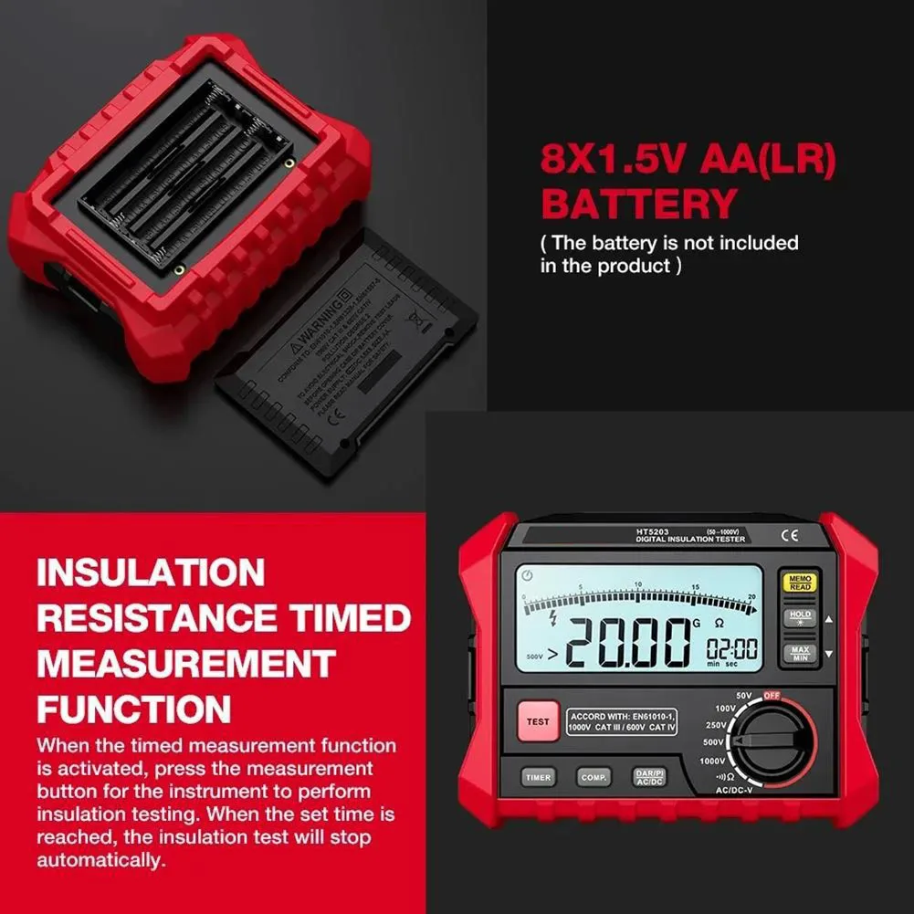 HT5203 Insulation Resistance Tester with 4 Terminal Design LINE V~= G EARTH for Accurate Insulation Voltage and Continuity Tests