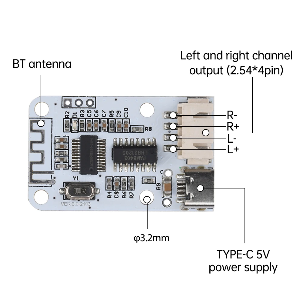 PAM8403 Wireless DC5V Bluetooth 5.0 3W+3W Stereo Audio Receiver Module Digital Amplifier Sound Board TYPE-C