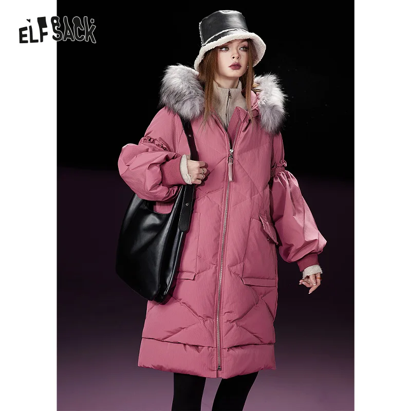 ELFSACK Detachable Hooded Warm Down Coats Women 2023 Winter Mid-length Cargo Coats