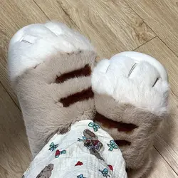 Ins Cat Paw Slippers Adults Winter Flip Flops Men Warm Fur Slides Fluffy Kitty Fuzzy House Shoes Unisex Animal Claw Slippers Man