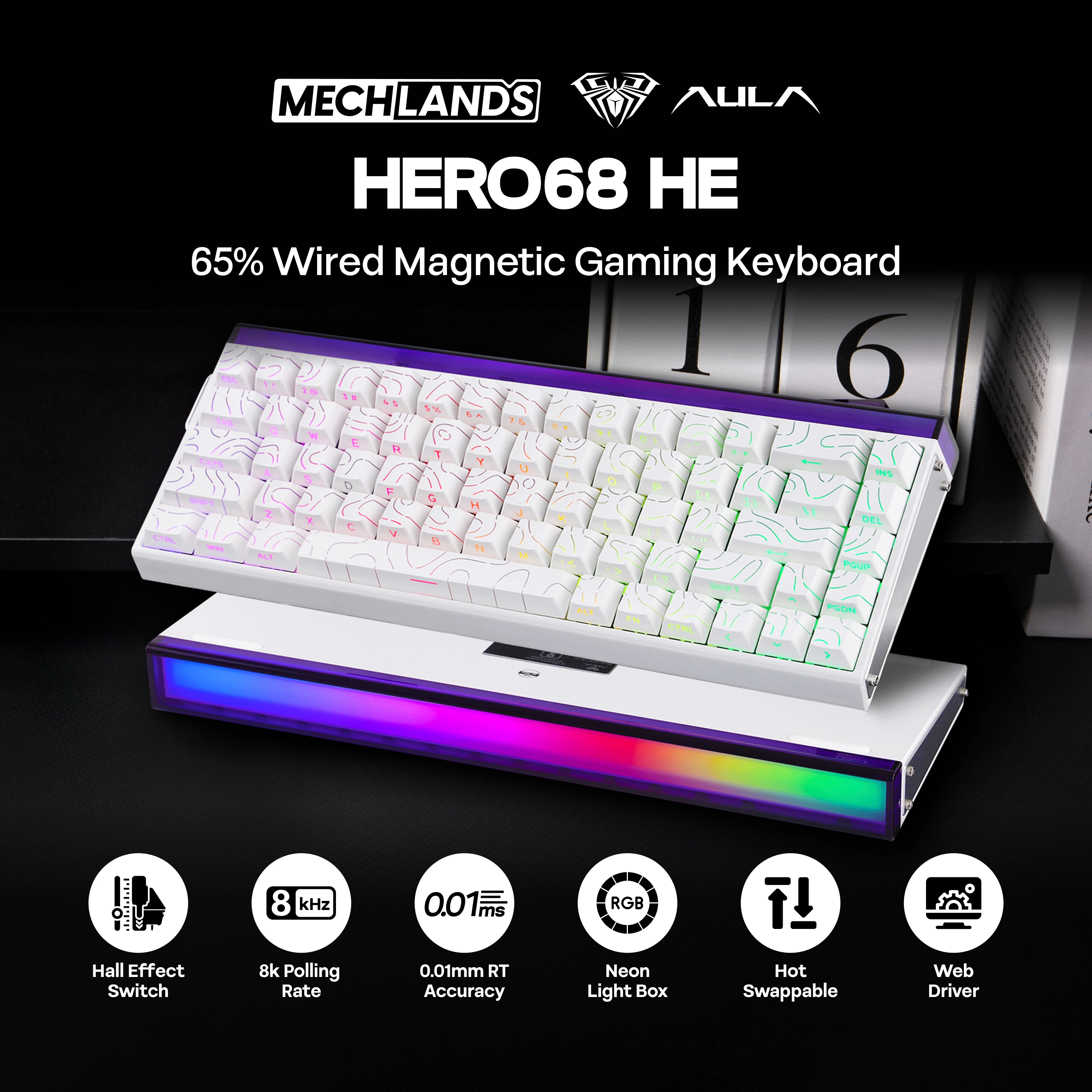 AULA Hero68 HE 65 % ANSI US-Layout Hot-Swap Wired Magnetic Gaming Keyboard 8 kHz Rapid Hall Effect Switch RGB-Hintergrundbeleuchtung Lichtbox