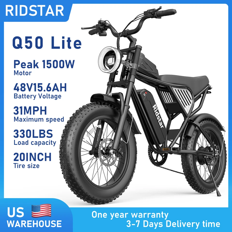 Ridstar Q50LITE Electric Bike for Adults Peak 1500W 31 MPH 48V 15.6AH  E-Bike Electric Bicycle 20x4" Fat Tire Mountain Bike