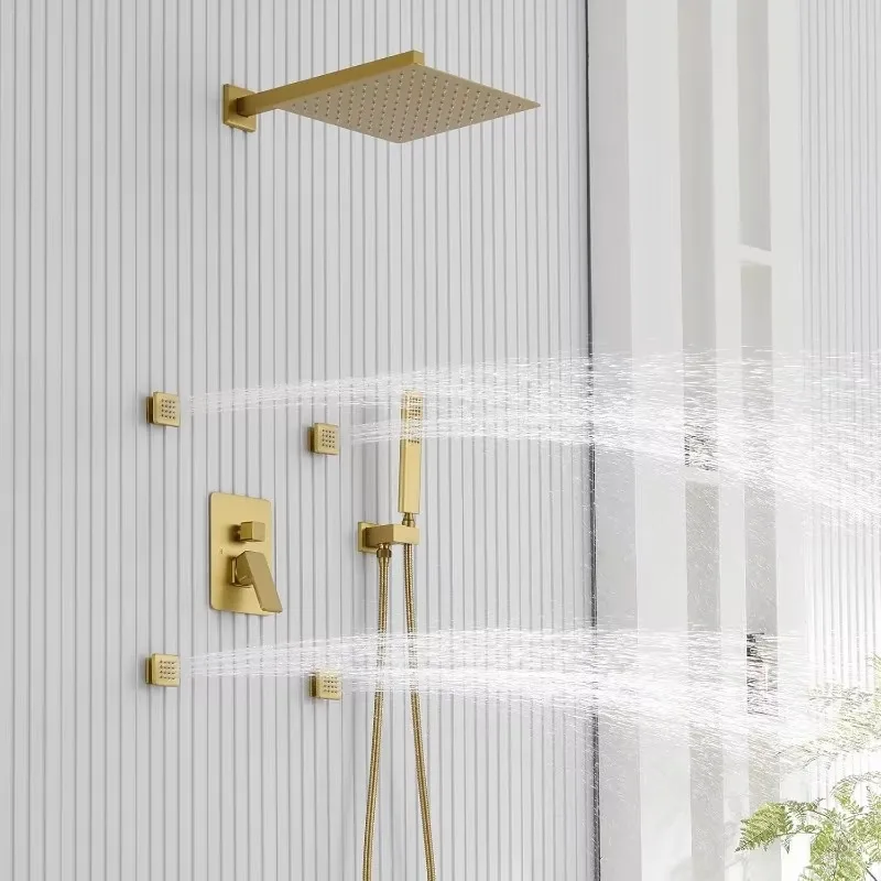 

Iriber Brushed Gold Rain Shower System with Function Shower Faucet Set ContainShower Head and Handheld Wall Mounted