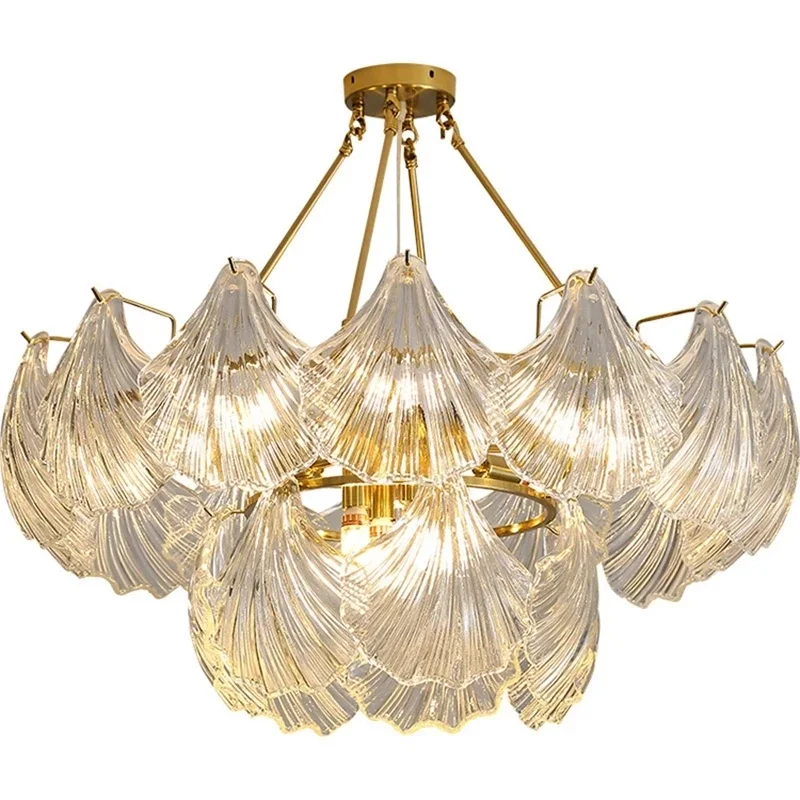 

Postmodern Shell Crystal Glass Chandelier Lamp Retro Wrought Iron Pendant Light for Dining Living Bedroom Decor Lighting Fixture