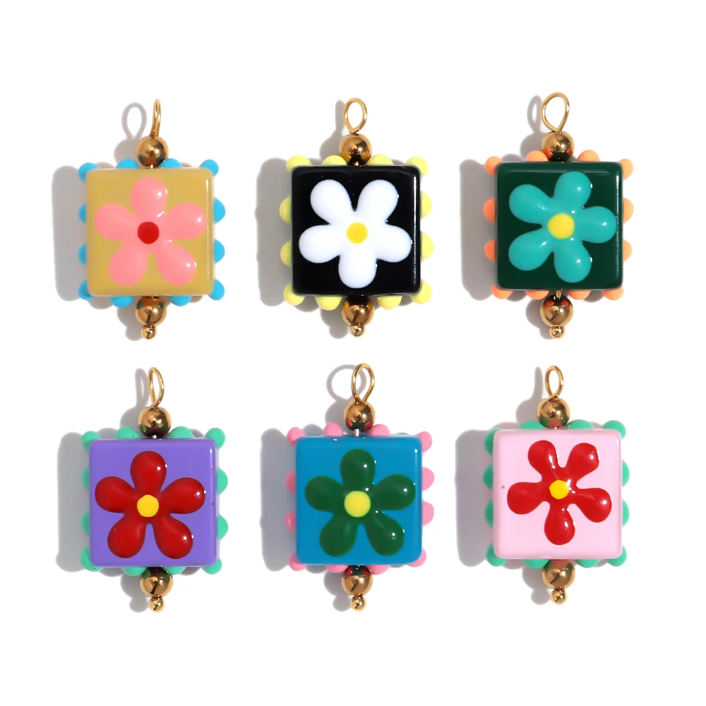 5/10pcs Stainless Steel Colorful Flower Square Lampwork Glass Charms Pendant for DIY Jewelry Making Earring Necklace Accessories