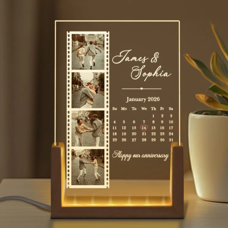 

Custom Photo With Calendar Night Light Couple Valentine Gift Home Decor Romantic Anniversary Keepsake Personalized Love Light