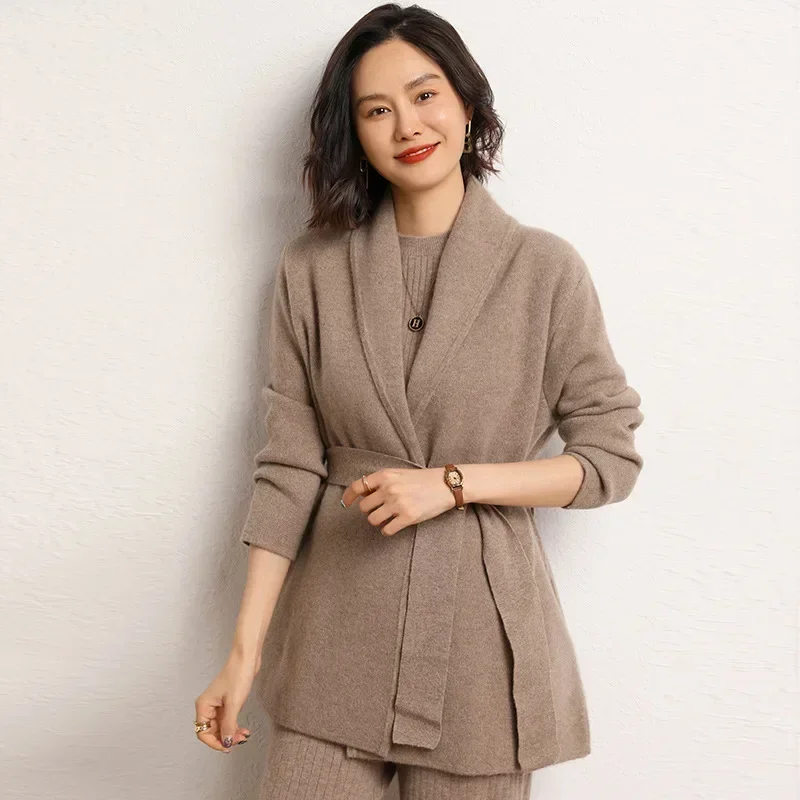 

Laid-back Thickened Belted Loose Cashmere Open Cardigan Women's Mid-length Outerwear Knitted Coat Casual V-neck Full Sleeve
