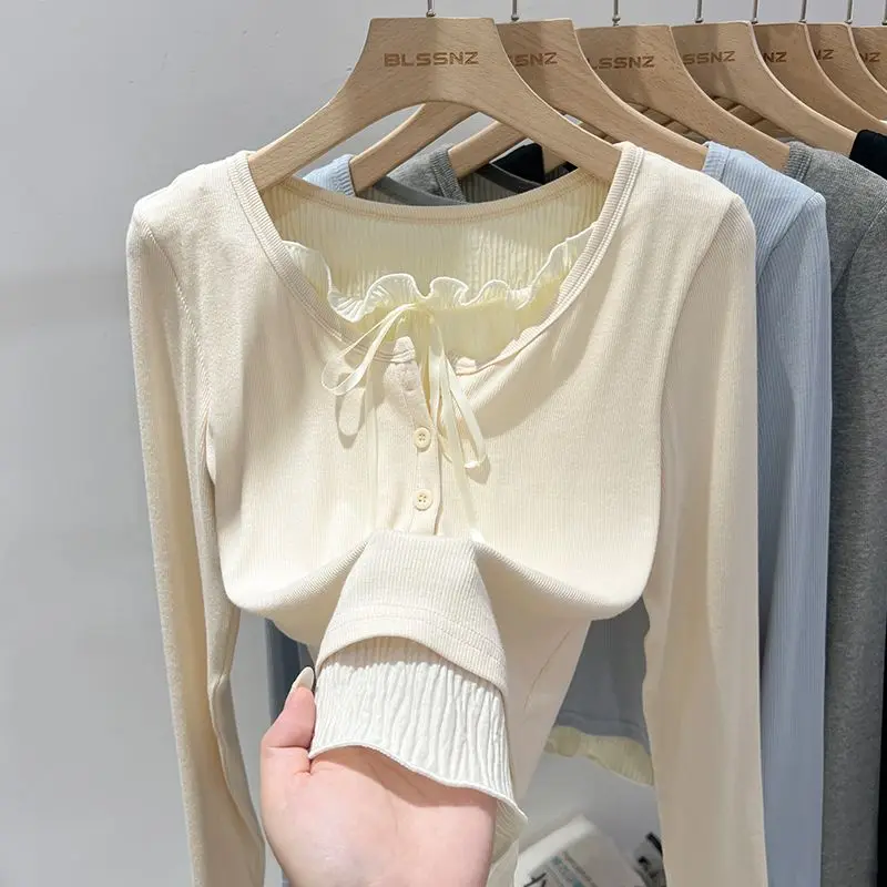 Mint Manbo Fake Two Piece Bow Round Neck Bottom Solid Color Shirt for Women New Interior Small Shirt Top Long Sleeve T-shirt Top