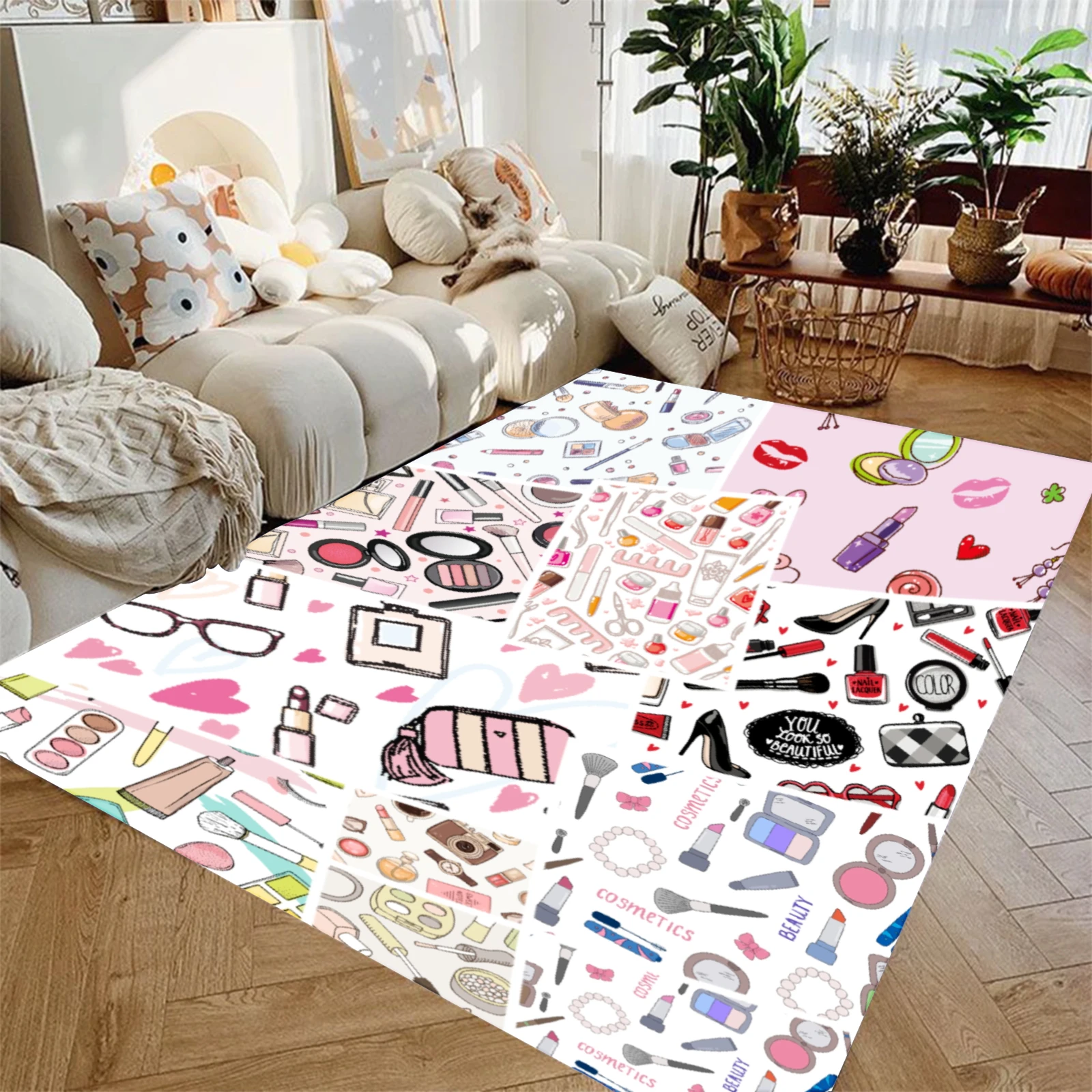 Cute Cosmetics Makeup Pattern Carpet Waterproof Living Room Floor Mat Bedroom Aesthetic Decor Non Slip Home Decoration Rug