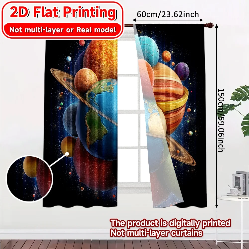 2D FLAT PRINTING 2pcs Curtains (Without Rod) Celestial Planets in Space Valentine is day Festival Creative Curtains Versatile