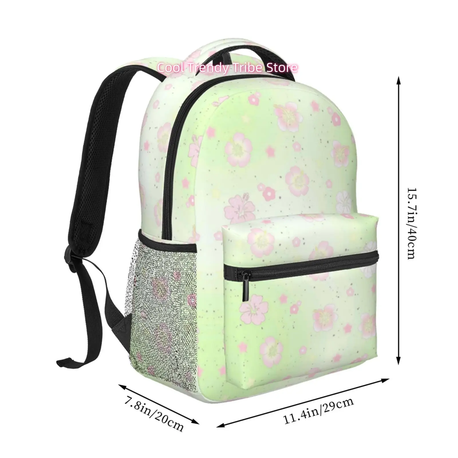 Light Pale Green Base Pink Hibiscus Flower Tiny Star Doodle Print Travel Backpack, Large Capacity with Adjustable Shoulder Strap