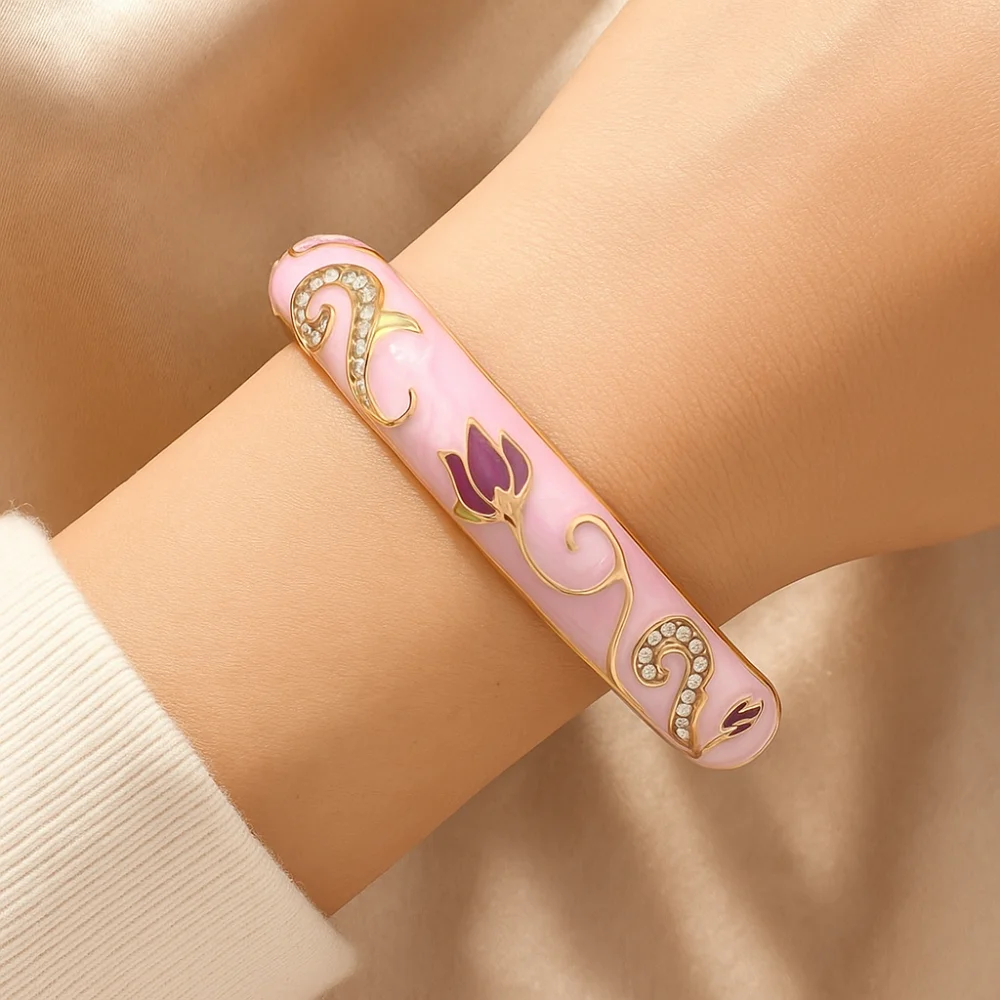 Classic Enamel Chinese Cloisonne Bracelet Open Traditional Lotus Flower Bangle Vintage Ethnic Cheongsam Bracelet Lady