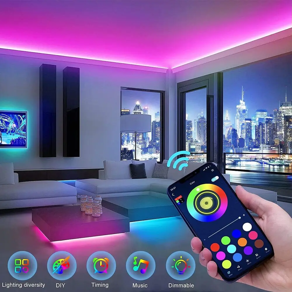 100ft 5050 Led Strip Lights RGB Music Sync Color Changing Bluetooth Smart Control Remote Flexible Tape Led Ribbon Room Lighting