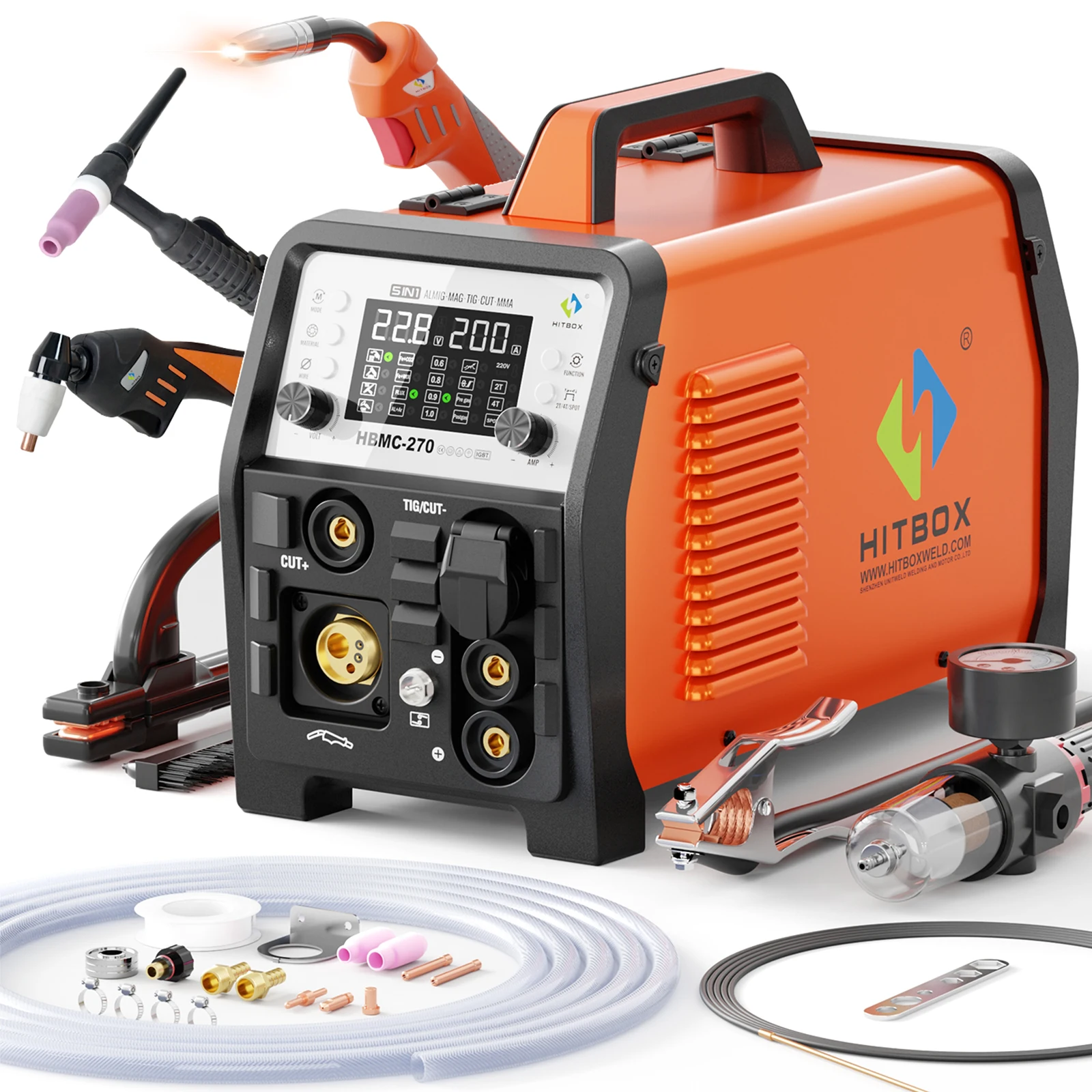 HITBOX HBMC270 MIG-Schweißgerät 220V 6-in-1 Multiprozess-Schweißgerät Aluminium MIG Gas Gaslos MMA HF TIG Punktschweißen Plasmaschneider 2T 4T Funktion Tragbares Inverter-Schweißgerät