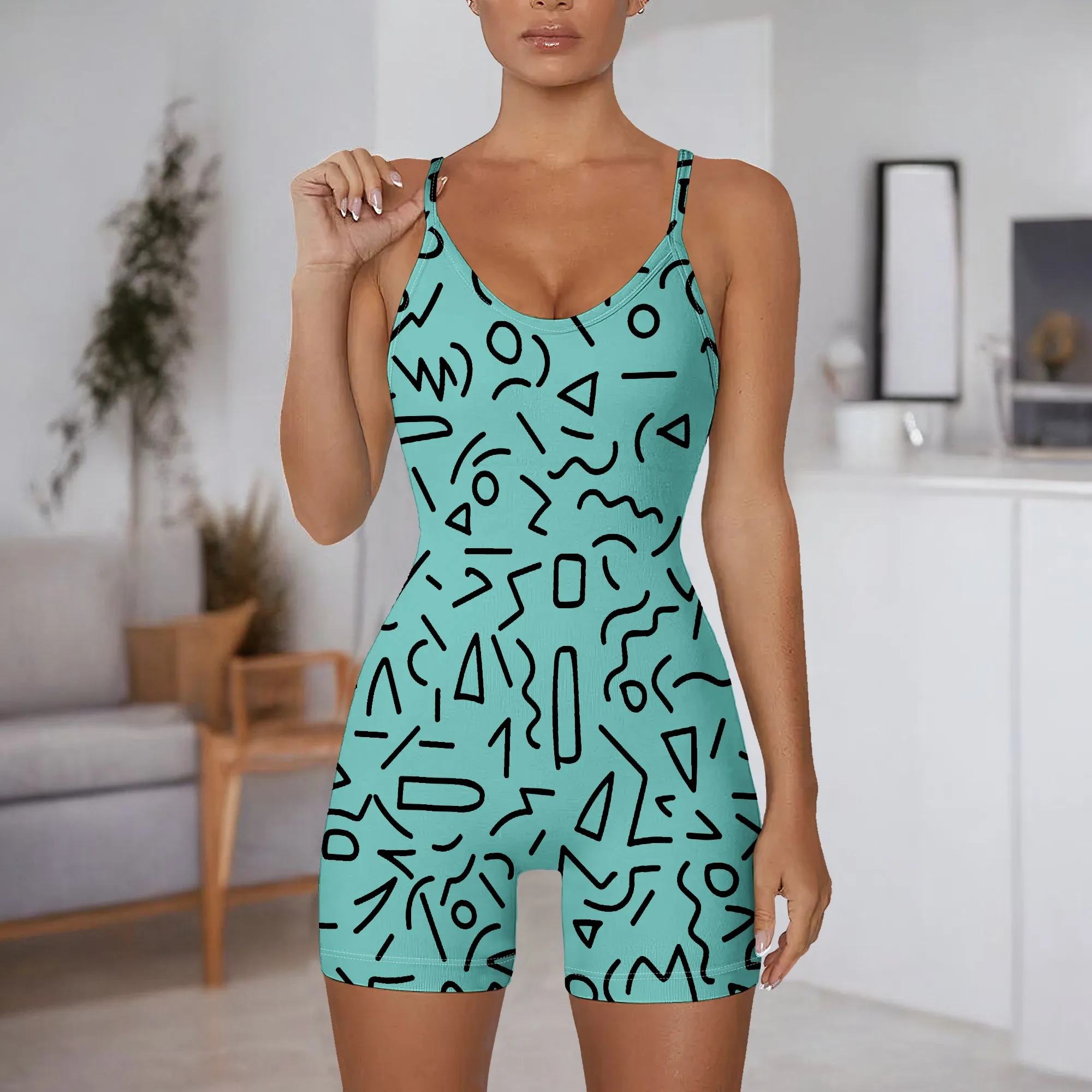 Yellow Geometric Print Romper Women Sleeveless Strappy Jumpsuit Summer Casual Playsuit
