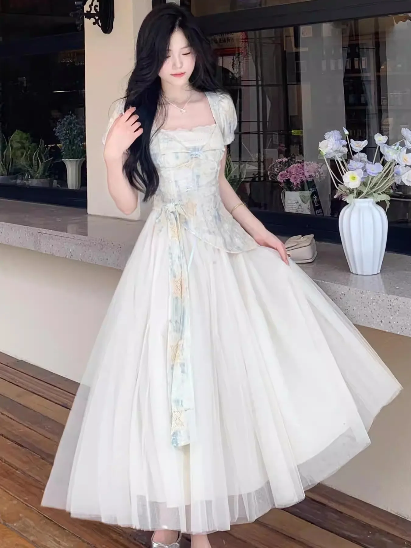 

Summer Sweet Style Lace Square Collar Design Women's Chiffon White Dress Flared Skirt A-Line Silhouette Breathable Skin-Friendly