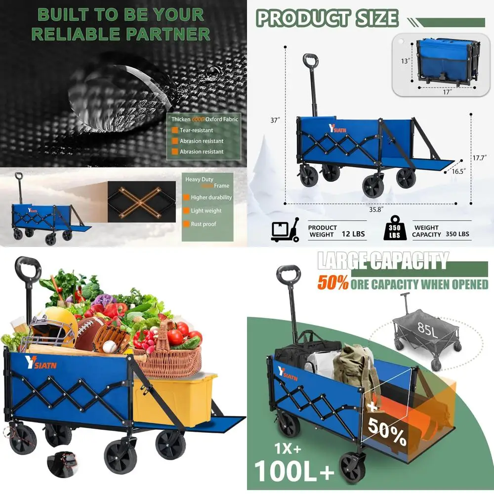 

Складная тележка-платформа с грузоподъемностью 136 кг, колесами с тормозами, объемом 100 л для покупок, кемпинга и садоводства, синяя