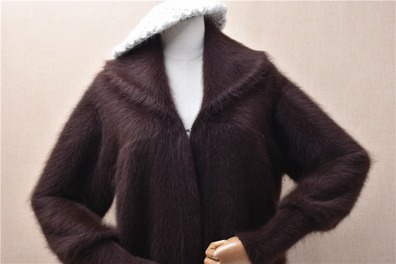 Ladies Women Autumn Winter Hairy Plush Mink Cashmere Knitted Long Lantern Sleeves Turn-Down Neck Loose Cardigan Sweater Jacket