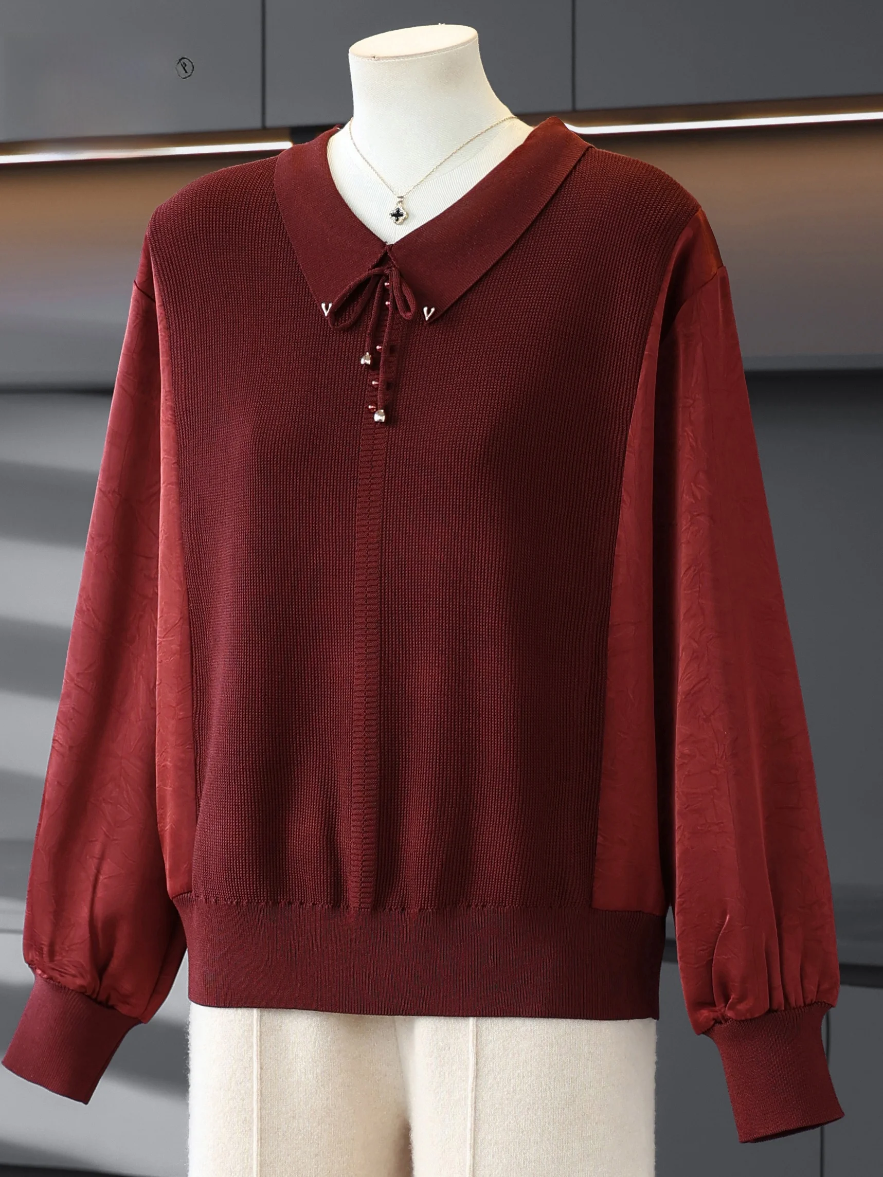 

Spring Fashion Neck Knitted Base Shirt Loose Chiffon Splicing Top for Middle-Aged And Elderly Women Comfortable Mom Clothes