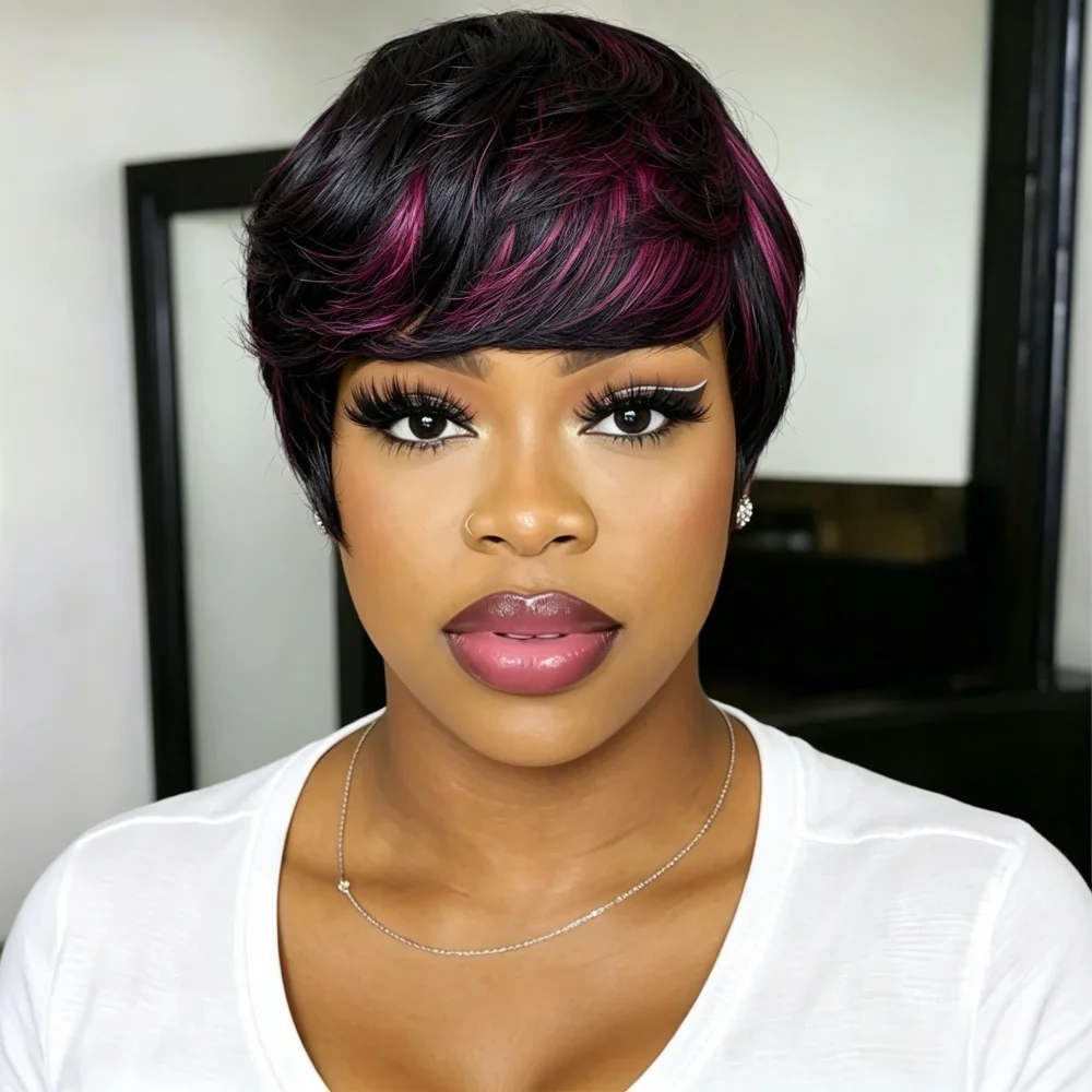 Full Machine Made Short Pixie Human Hair Wig, Black Hair With Purple Highlights, Layered Bangs Short Cut Wig for Women