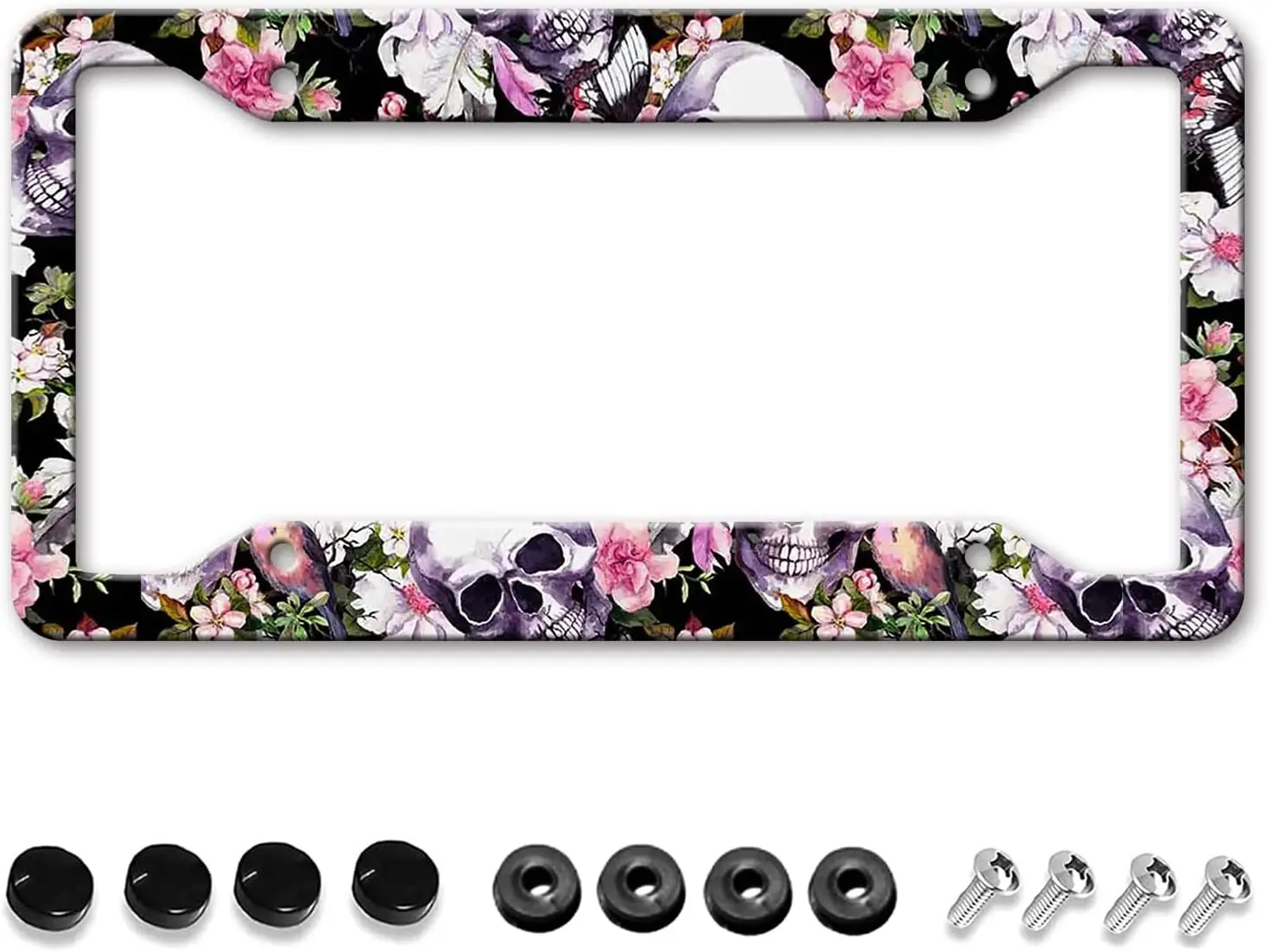 Spooky Skull License Plate Frames Flower Black Halloween Floral License Plate Frame for Women Men Funny Aluminum Vintage Front