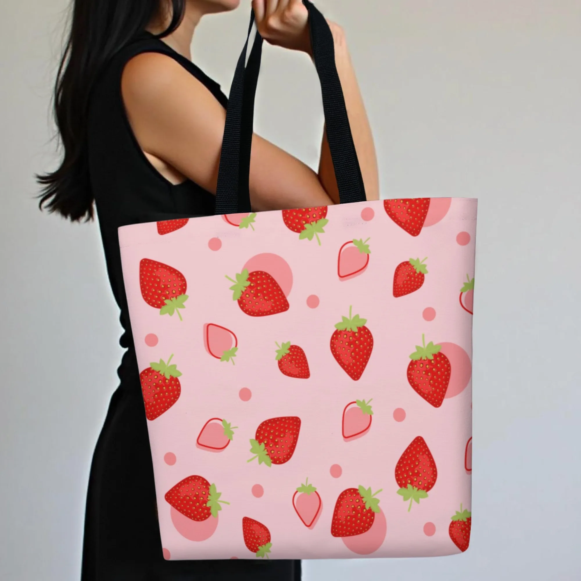 Bolso de mano de lona estilo fresa dulce, bolso de hombro con diseño de fruta rosa para mujer, bolso de compras reutilizable adecuado para viajes diarios