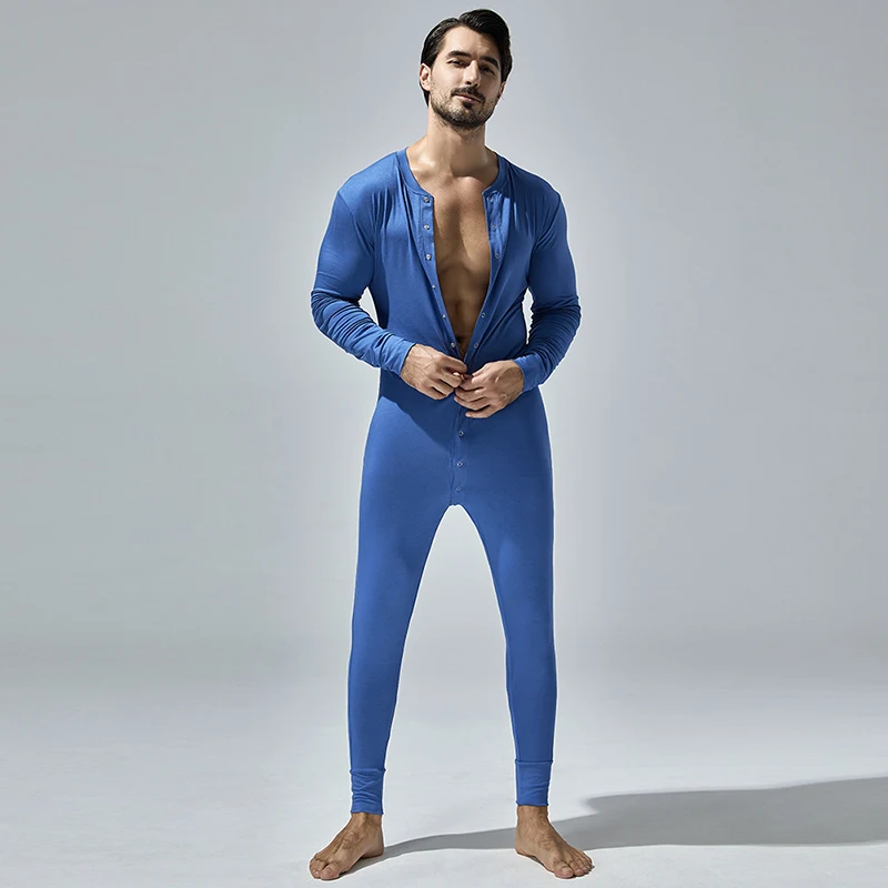 Sexy Slim Fit Romper Overalls Mens Pajama Sleepwear Spring Long Sleeve Button-up O Neck Jumpsuits For Men Casual Soft Playsuits