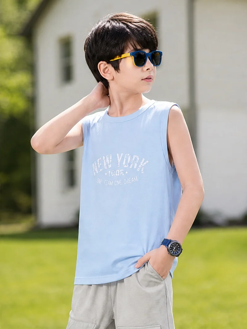 Boys Cotton Fashion Tank Top New York Letter Print Wide Shoulder Straps Loose‑Fit Summer Sports Sleeveless Vest 3‑14y