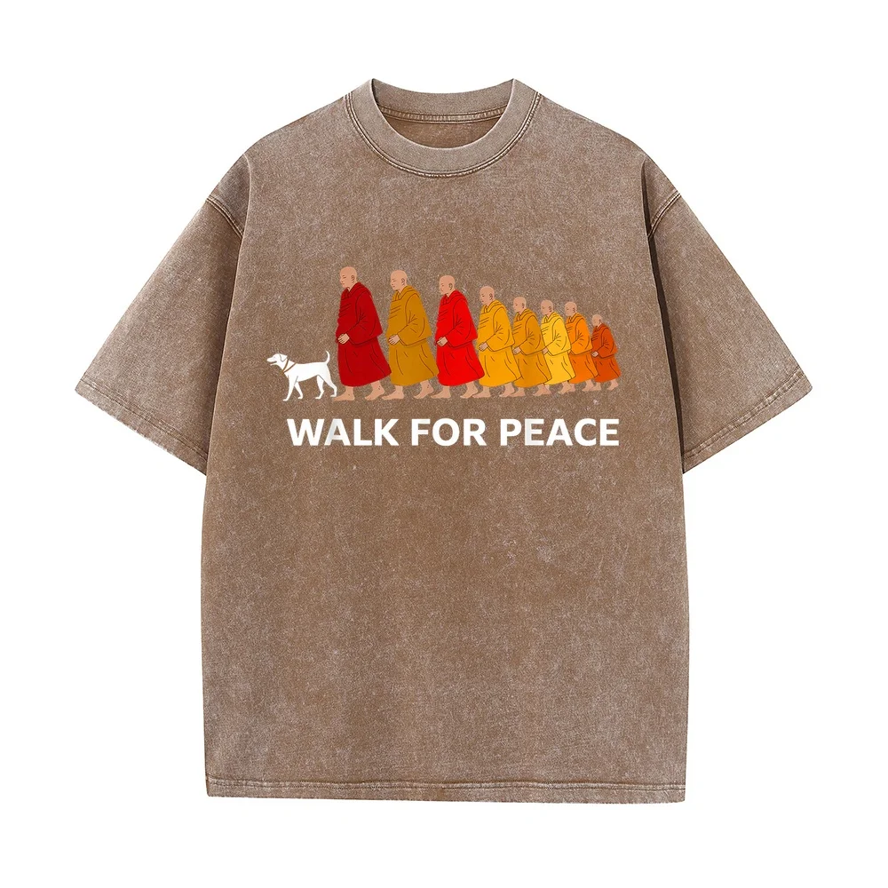 Retro Walk for Peace Monks with Aloka Dog T-Shirt 반팔티 Korean Popular Clothes Short Sleeve Purple Printed T Shirt Unisex