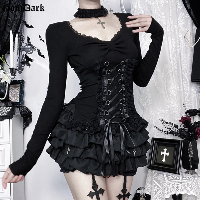 

Goth Dark Lolita Long Sleeve Bandage Lace Up Lace Trim Tops for Women Mall Gothic Slim T-shirts Sexy Club Top Tees Coquette