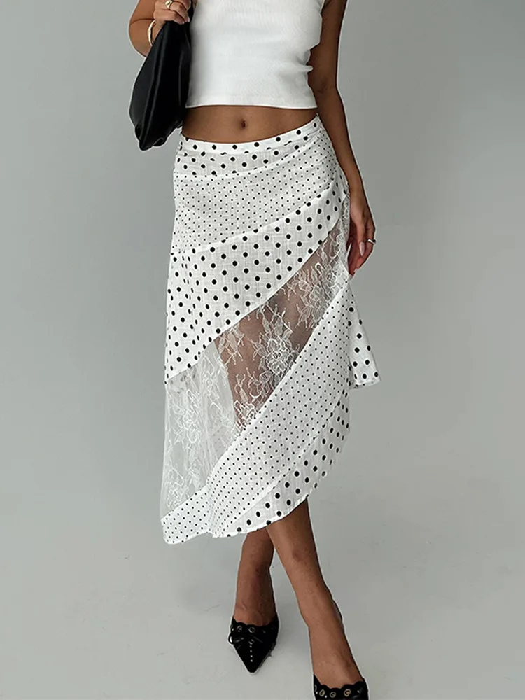 Polka Dot Patchwork Sheer Lace Midi Skirt for Women A-Line Asymmetric Long Skirt Beach Vacation Streetwear