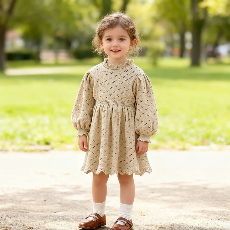 2026 New Spring European&America Dress 2-6Yrs Kids Knitting Dress Long Sleeve Solid Hollow Baby Girls Knitting Princess Dress