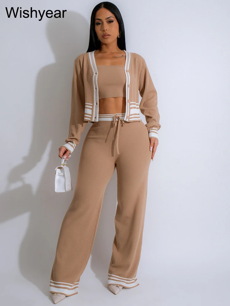 Casual Active Wear Knitted Tracksuit Women 3 Piece Set Sporty Fitness Striped Top + Bra+ Wide Leg Pants Outfits Jogging Femme