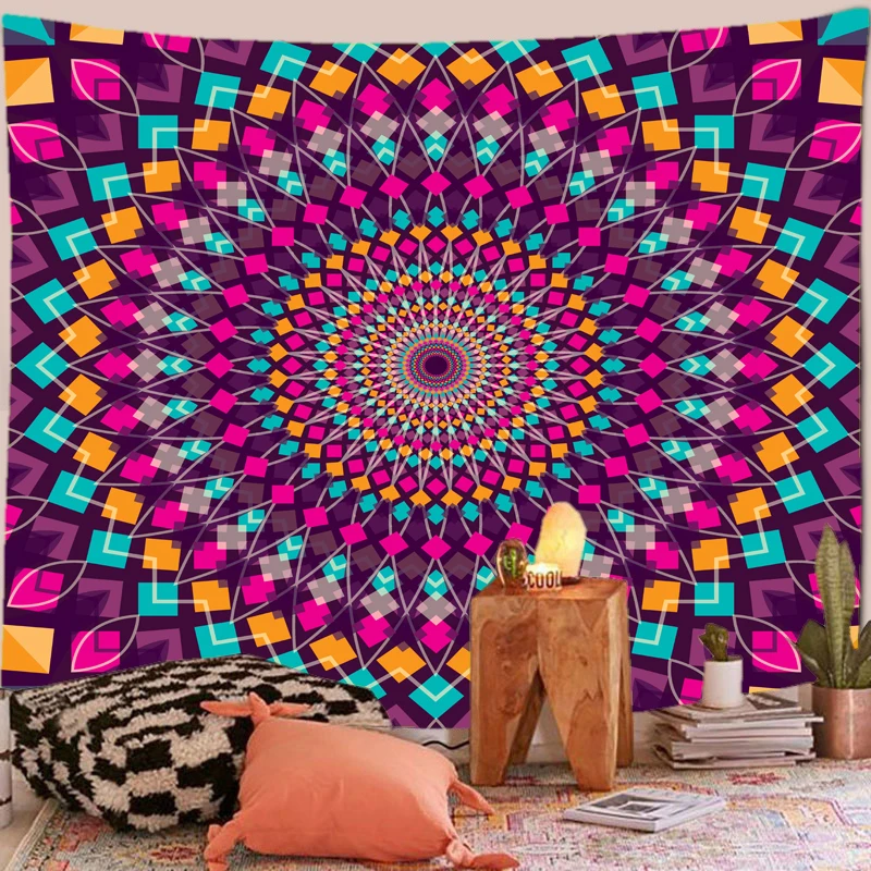 Indian Psychedelic Mandala Print Tapestry Wall Hanging Boho Hippie Witchcraft Background Wall Dorm Bedspread Rug Decoration