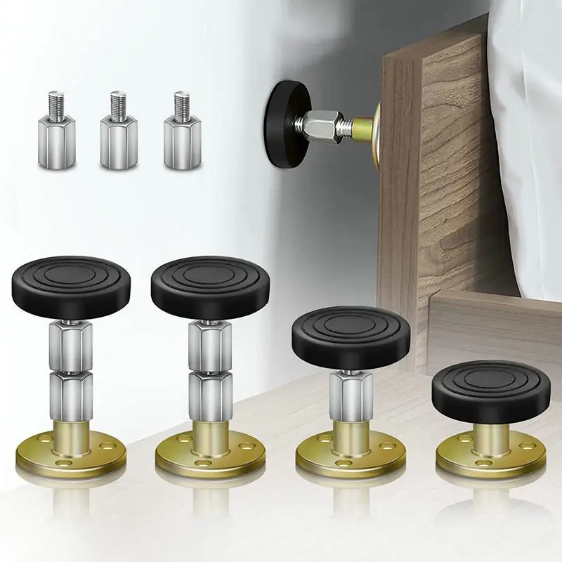 4-Pack Adjustable Metal Furniture Leg Pads, Self-Adhesive Telescopic Support Wall Stabilizers, Anti-Tremble Bed Frame Stopper