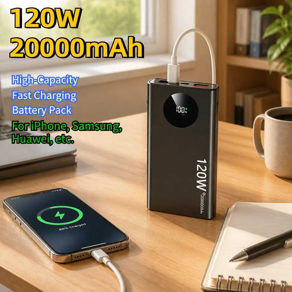 120W High Capacity Portable Power Bank 10000/20000mAh Quick Charging External Battery Fit iPhone Xiaomi Samsung Huawei