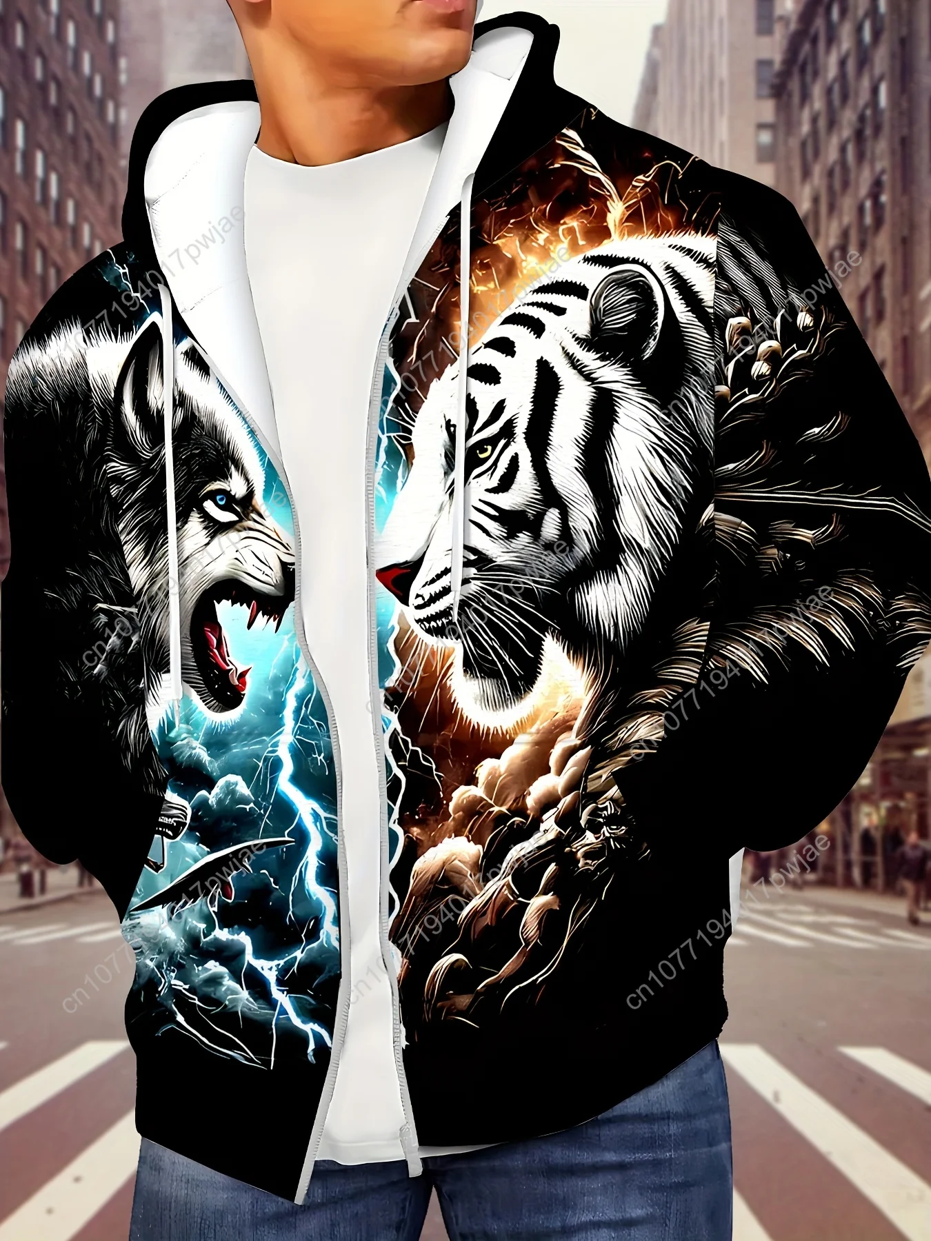 Moletom masculino com zíper e estampa Tiger & Wolf – manga comprida, cordão, bolsos |   Jaqueta casual outono/inverno ao ar livre |   Poliéster, Machi