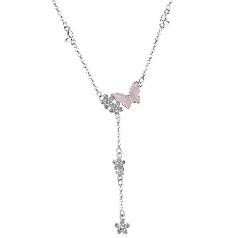 

Ожерелье из серебра 925 пробы с романтической розовой бабочкой, подвеска с цветочной кисточкой, женский подарок на день рождения