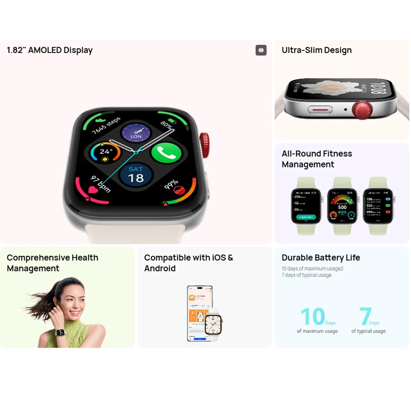 ساعة ذكية من نوع Huawei Watch FIT 3 ، إصدار عالمي ، شاشة AMOLED بشاشة عرض ، اتصال بالبلوتوث ، متوافقة مع iOS وAndroid