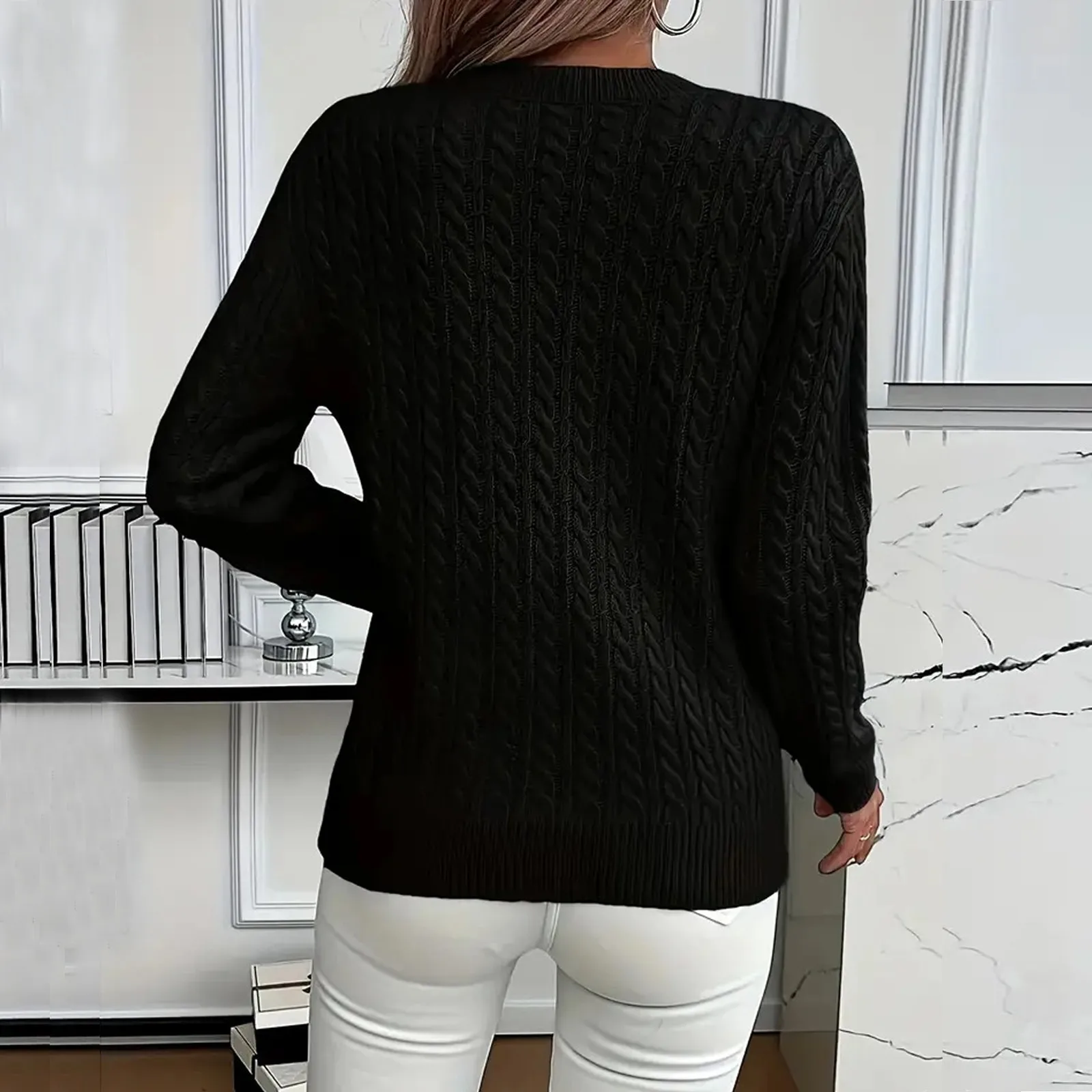 سترة نسائية محبوكة بأكمام طويلة بلون سادة للخريف والشتاء سترة برقبة سفلية بلوفر دائري ملابس عصرية #5