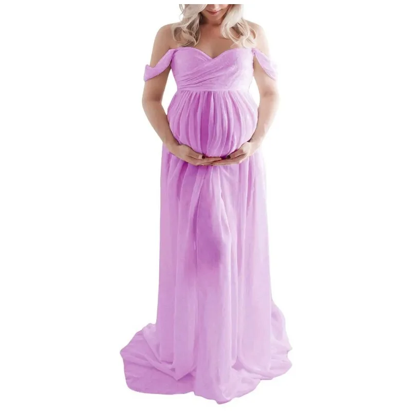 Maternity Dresses for Photo Shoot Off Short Sleeve Mesh Sheer Split Long PregnancyDress Women Maternity Clothes