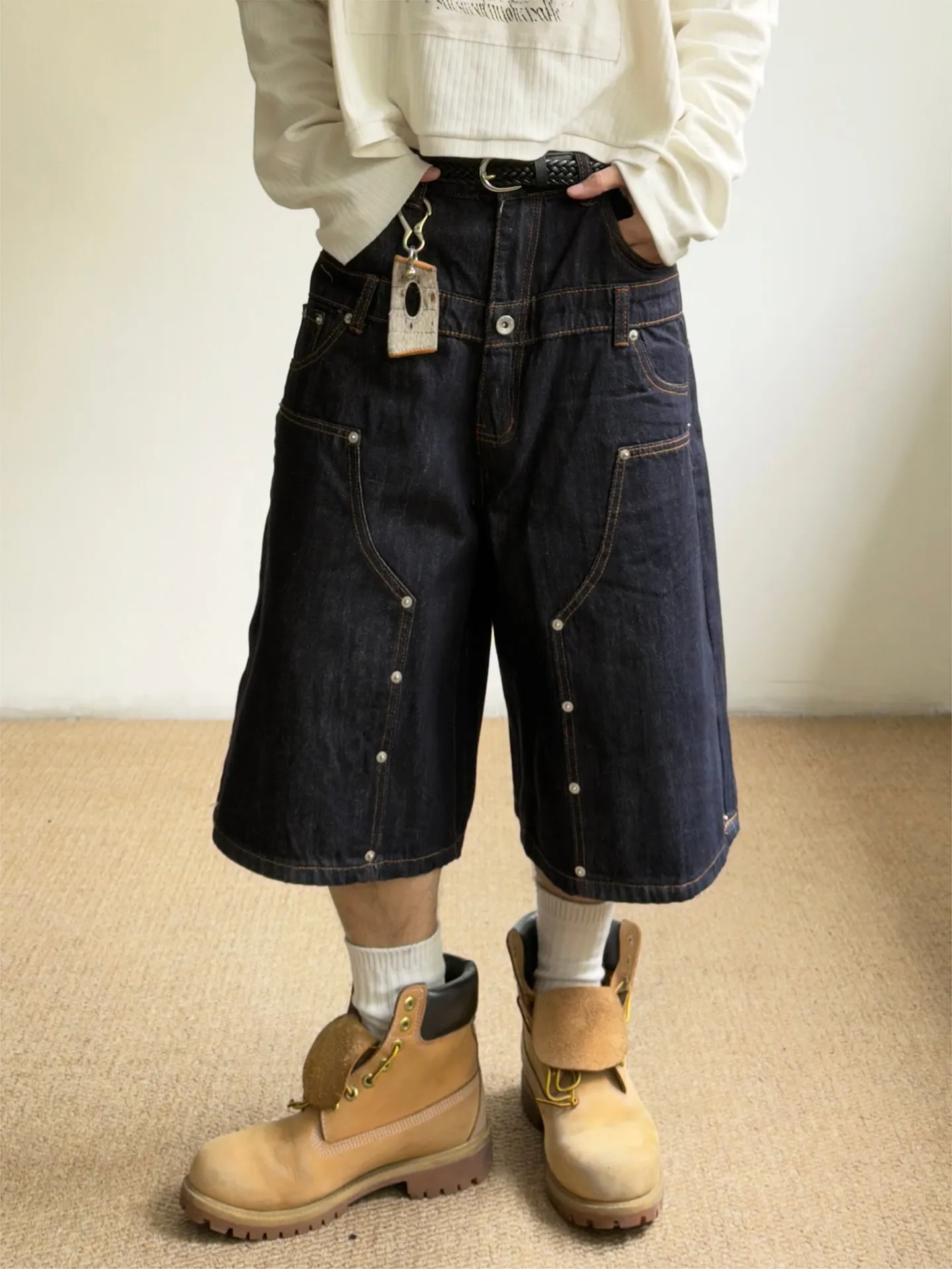Retro American Street B01 Knee High Original Color Jeans Shorts Unisex Design Sense Rivet mid Waist Seven-Five Middle Pants