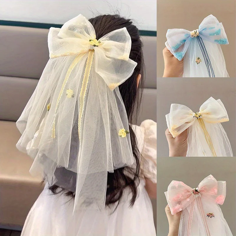 

Designer Bridal Hair Bow - Delicate Sheer Tulle & Satin Ribbons | Back-of-Head Statement Piece for Special Occasions