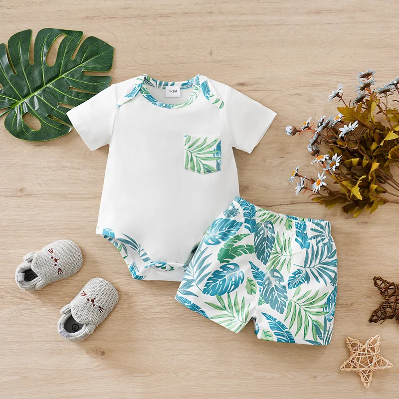 

Full Print Tropical Beach Plants baby clothes Perfect for Vacation 0-18Months Boys and Girls Summer Baby Short-Sleeve Outfit Set