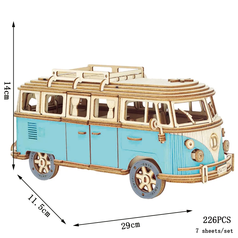 DIY Manual Assembly Model Car Wooden Retro Bus 3D Puzzle Camper Van Educational Toys For Children Gift Home Room Decoration