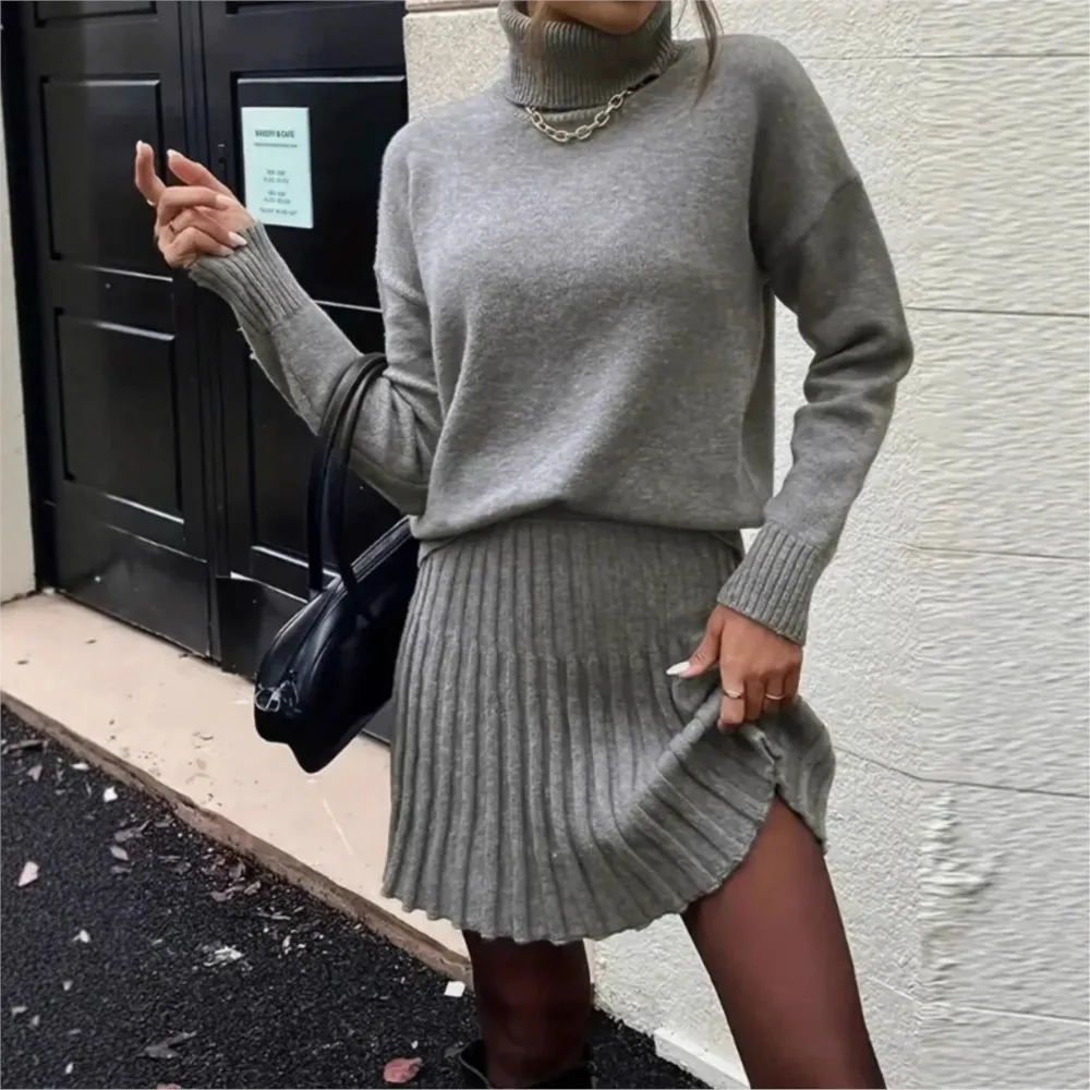 Women's Casual Fashion Suit High Neck Knitted Long Sleeve Short Skirt Two-piece Set For Women Winter Clothes Woman Pulls Femmes - Image 2